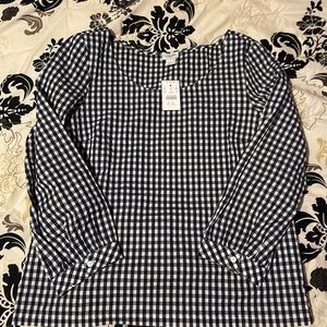 Gingham blouse from J Crew. Navy blue and white. 3 quarter length sleeves.